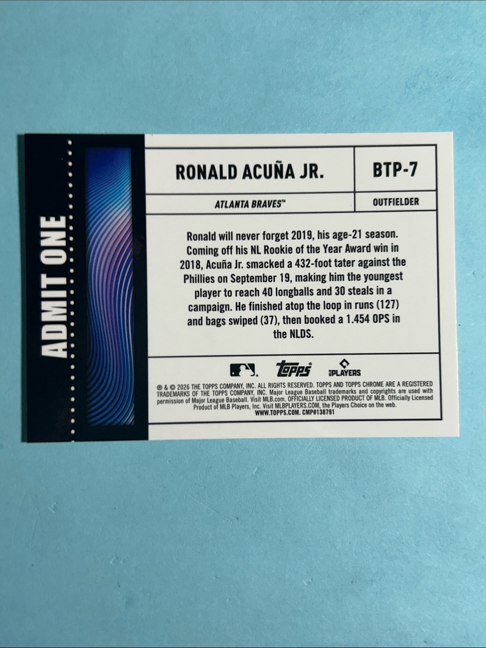 Ronald Acuna Jr -Braves -Big ticket player ,2026 Topps Chrome card #BTP-7 - Picture 2 of 2